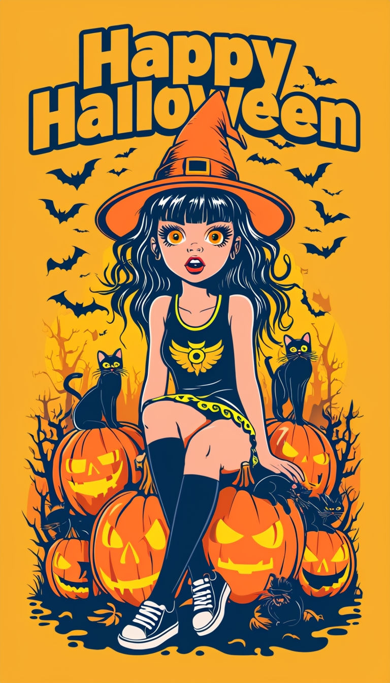 A halloween witch and pumpkins